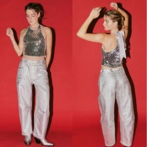 Silver Metalic Free People Moxie Barrel Leg Jeans